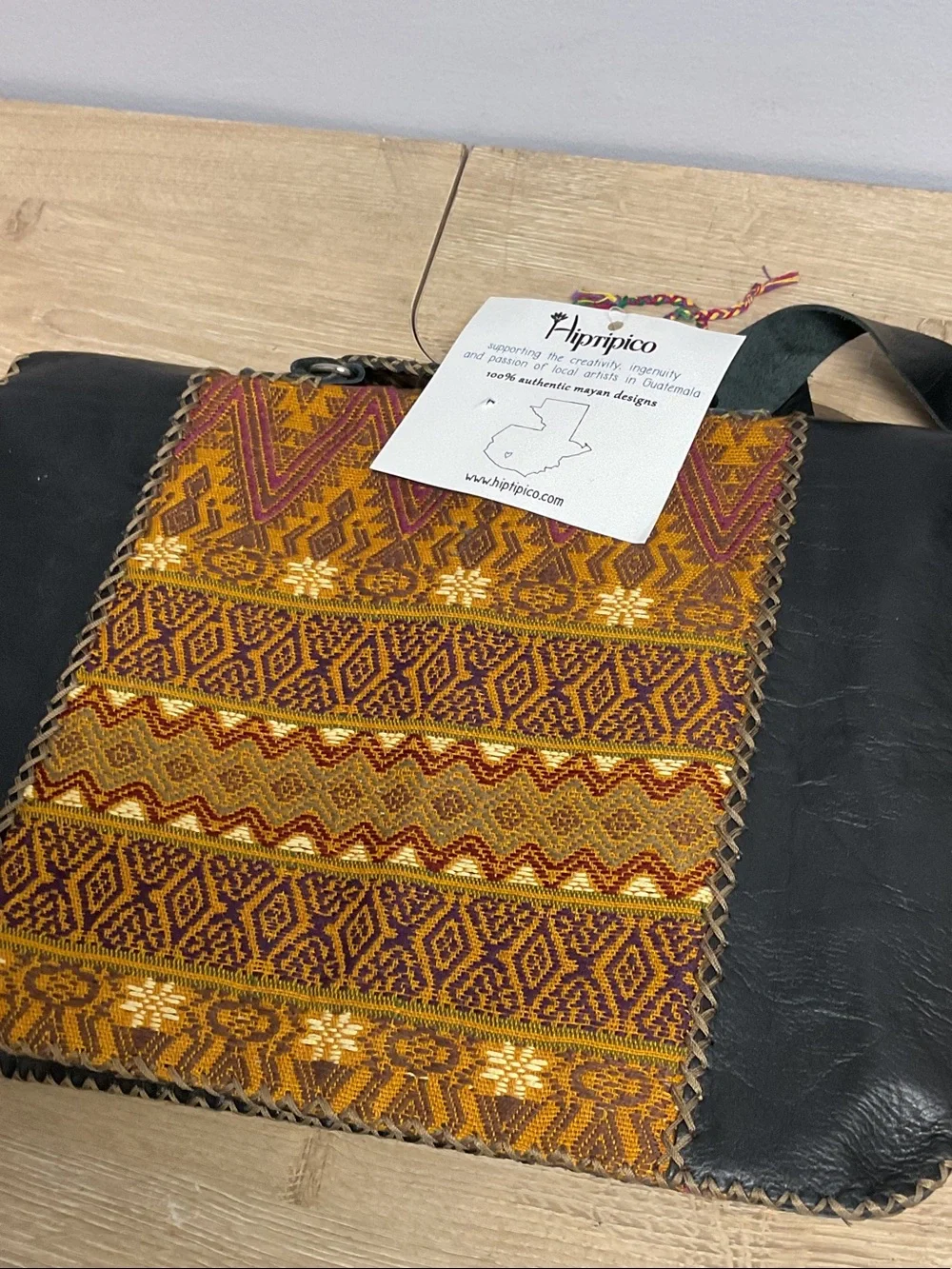 Women's Yellow Patterned Laptop Bag with Black Leather Trim